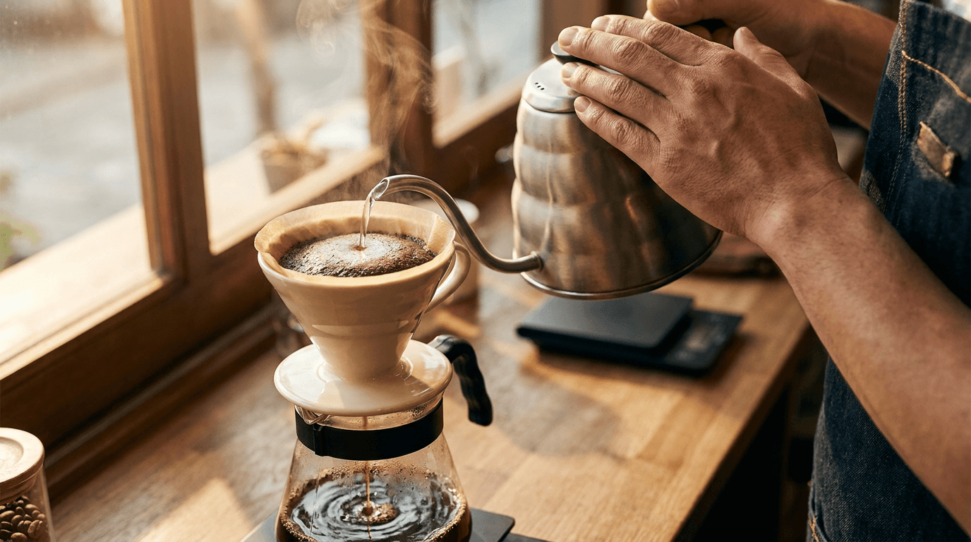 Freshly roasted coffee beans and a warm cup on a wooden counter
