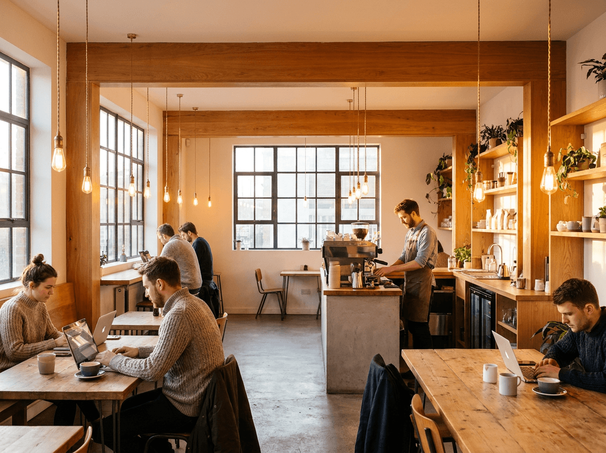 Barista pouring a latte at the cafe counter