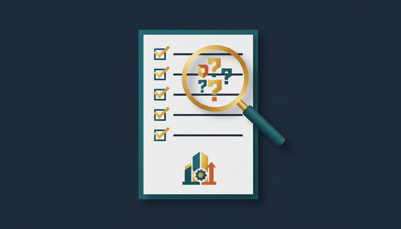 A checklist with gold checkmarks beside a magnifying glass, representing smart questions to vet a marketing agency.
