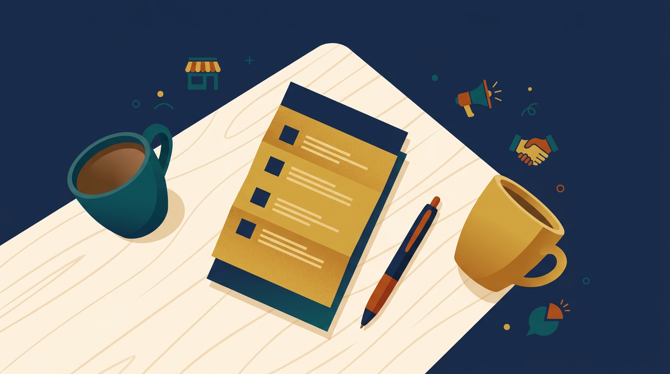 Two coffee cups and a checklist on a table, an honest owner-to-owner meeting about hiring a marketing partner, in navy, teal, and gold.