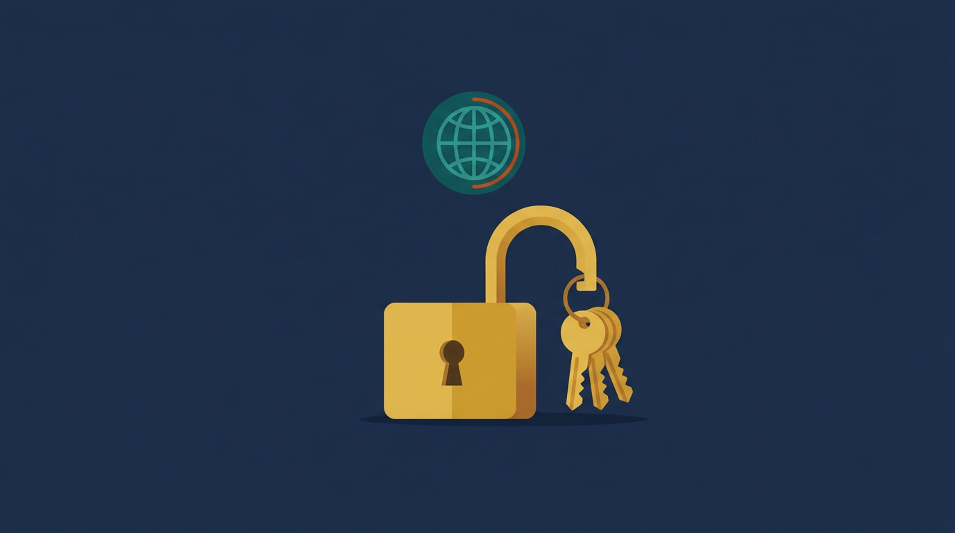 An open gold padlock with keys and a globe icon, symbolizing keeping ownership of your website and accounts when switching providers.