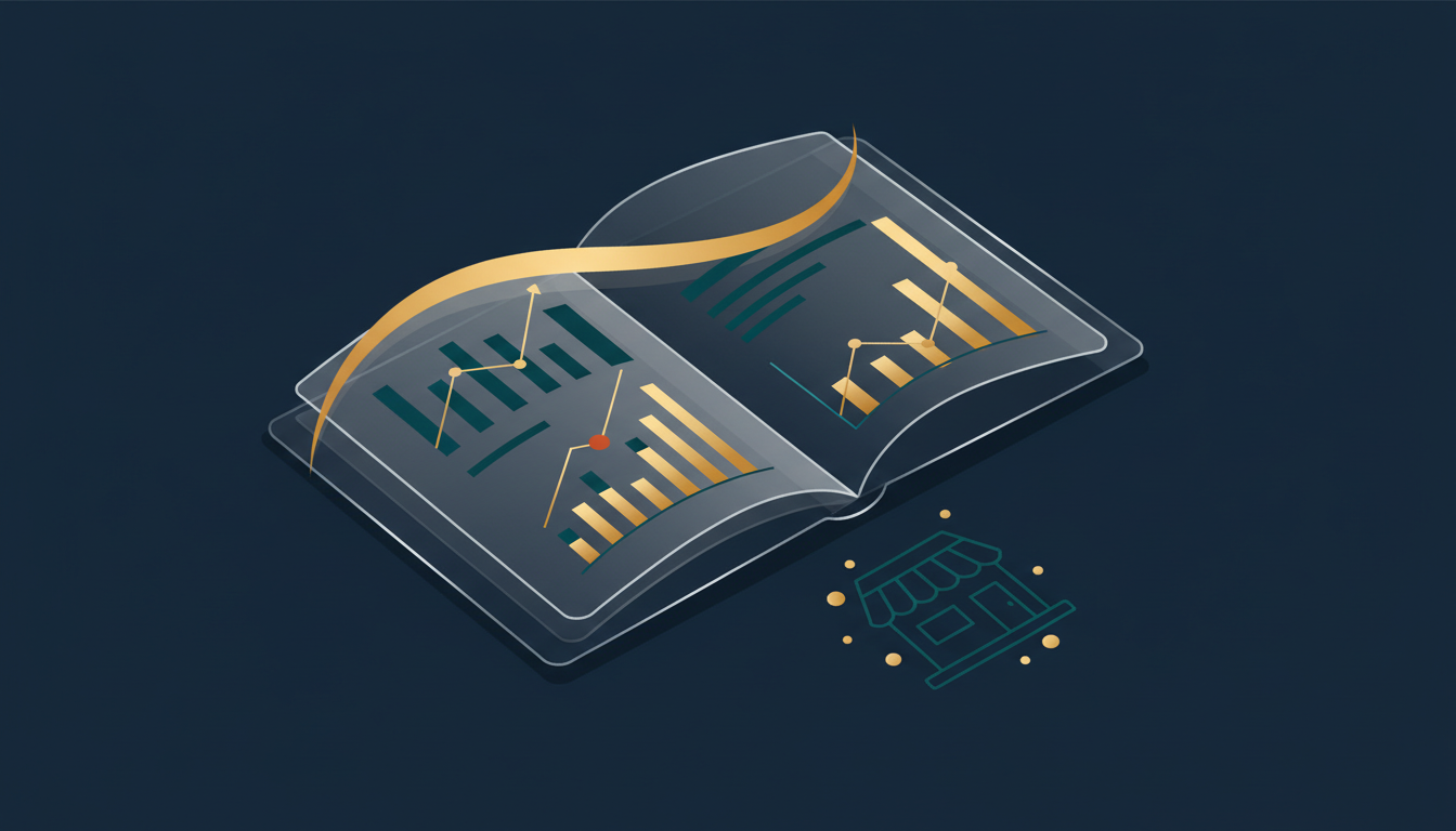 An open report book with clear charts and a gold highlight, representing honest monthly reporting with no hidden jargon.