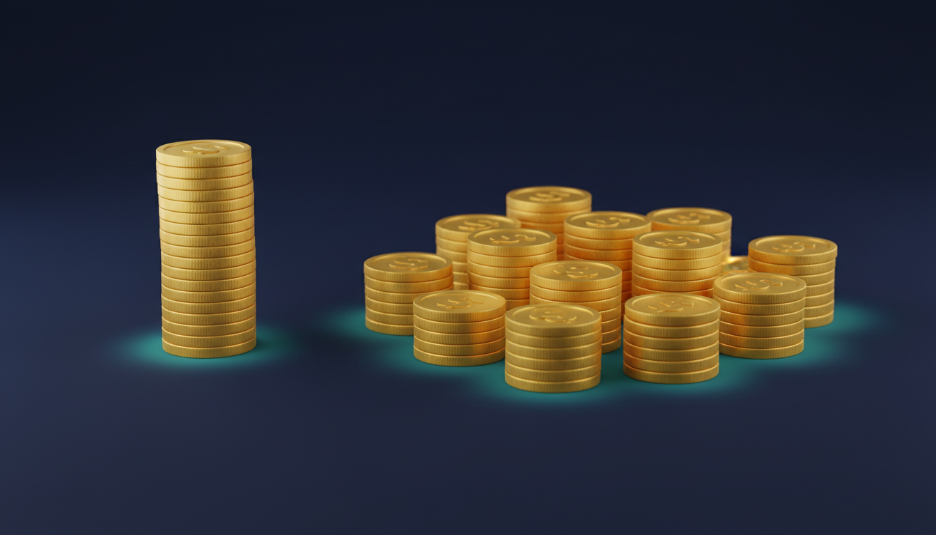 One tall gold coin stack beside many smaller stacks, representing a single agency fee versus the many separate costs of building an in-house team.