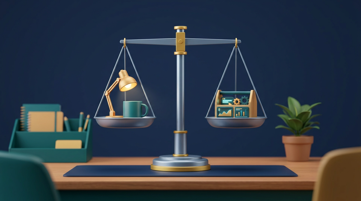 A balance scale on a small-business desk weighing an in-house team against a marketing agency, rendered in navy, teal, and gold.