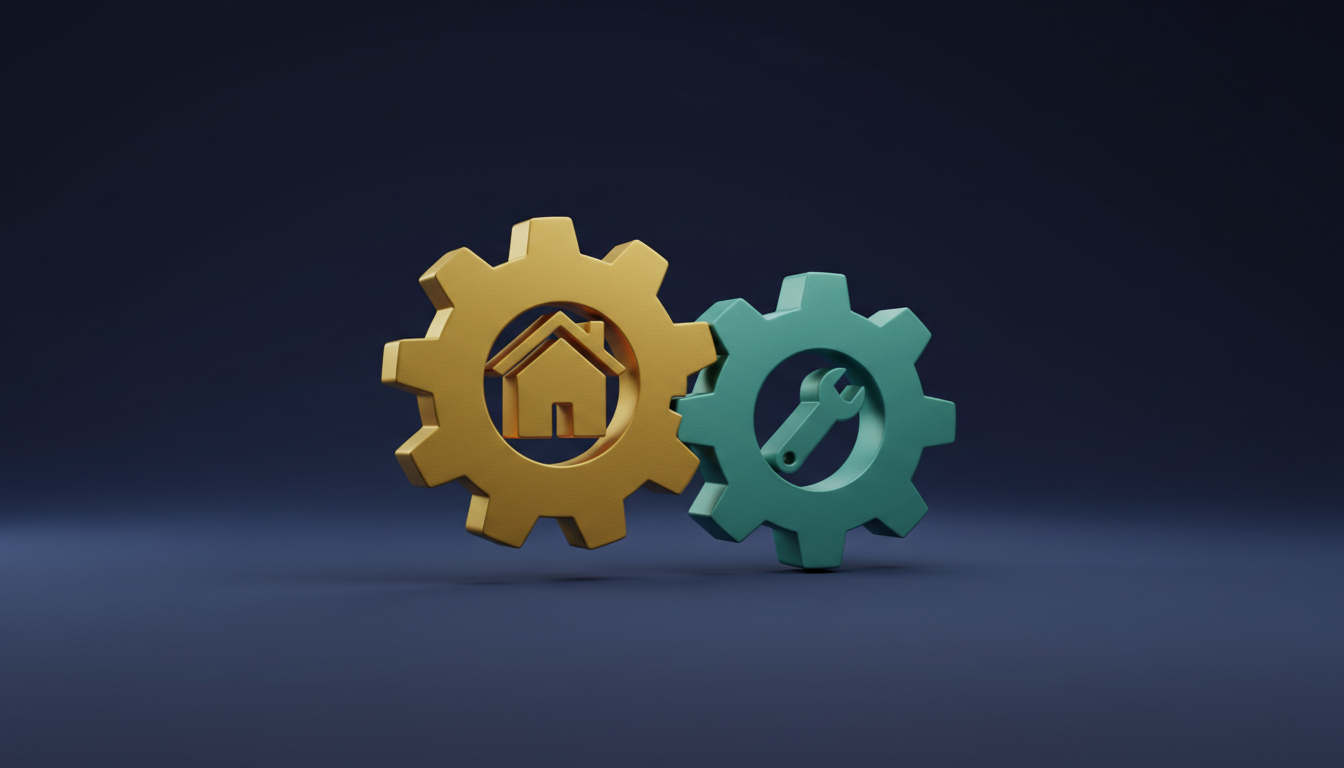 Two interlocking gears, one with a home icon and one with a toolkit icon, meshing together to show an in-house owner and an outside agency working as one system.