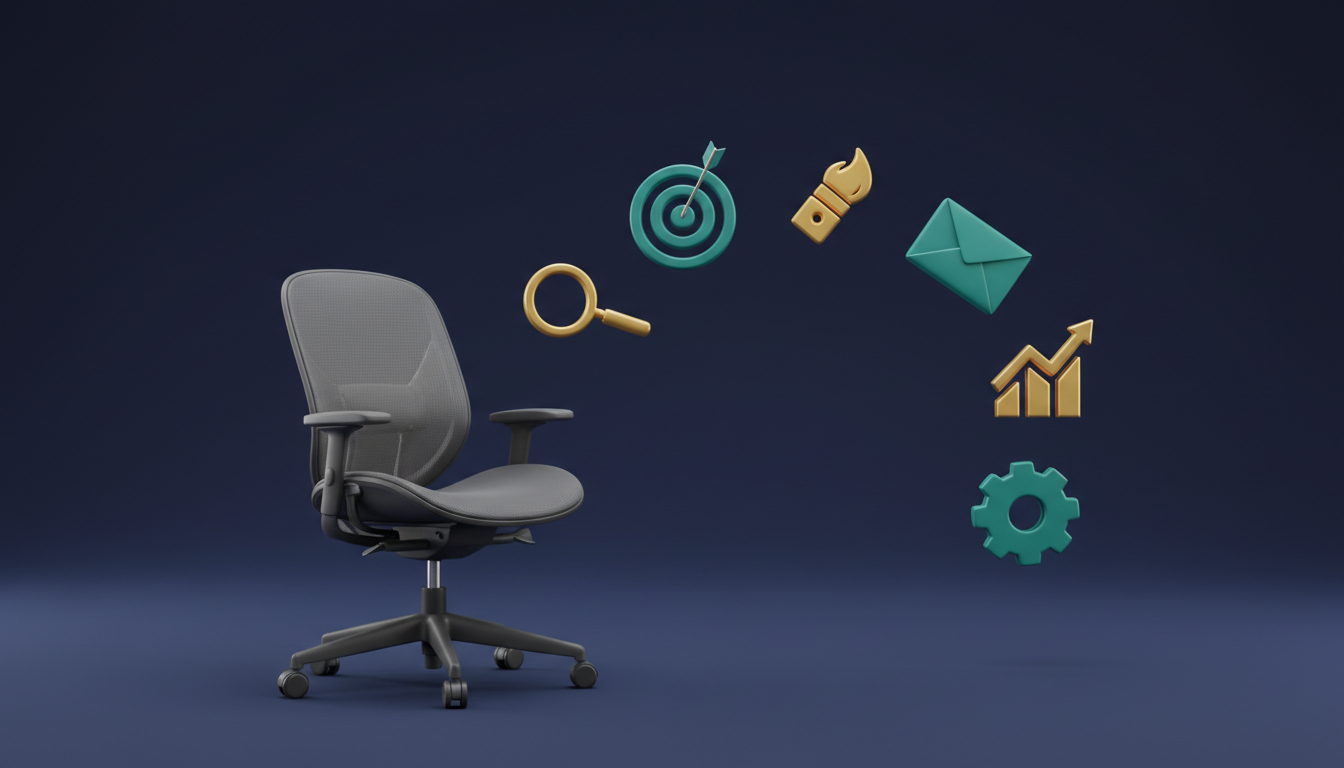 An empty office chair beside floating symbol-only icons for search, ads, design, email, and analytics, showing one seat cannot cover every marketing skill.