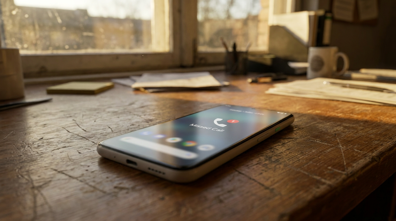 A small business owner's smartphone sitting on a wooden desk with a missed call notification on screen, warm natural light from a nearby window
