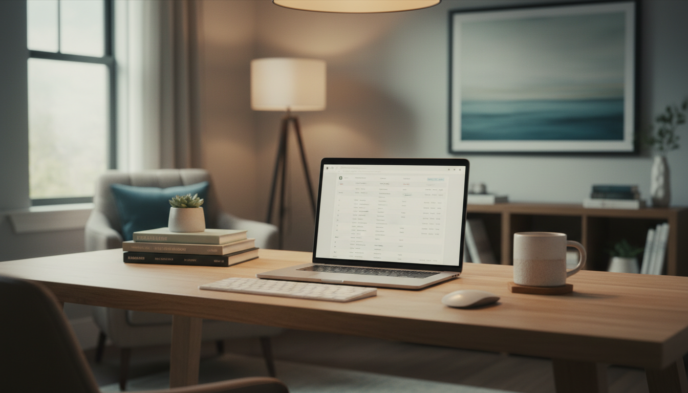 A laptop open on a clean desk showing a simple dashboard with call logs and message summaries, a coffee mug beside it, soft office lighting