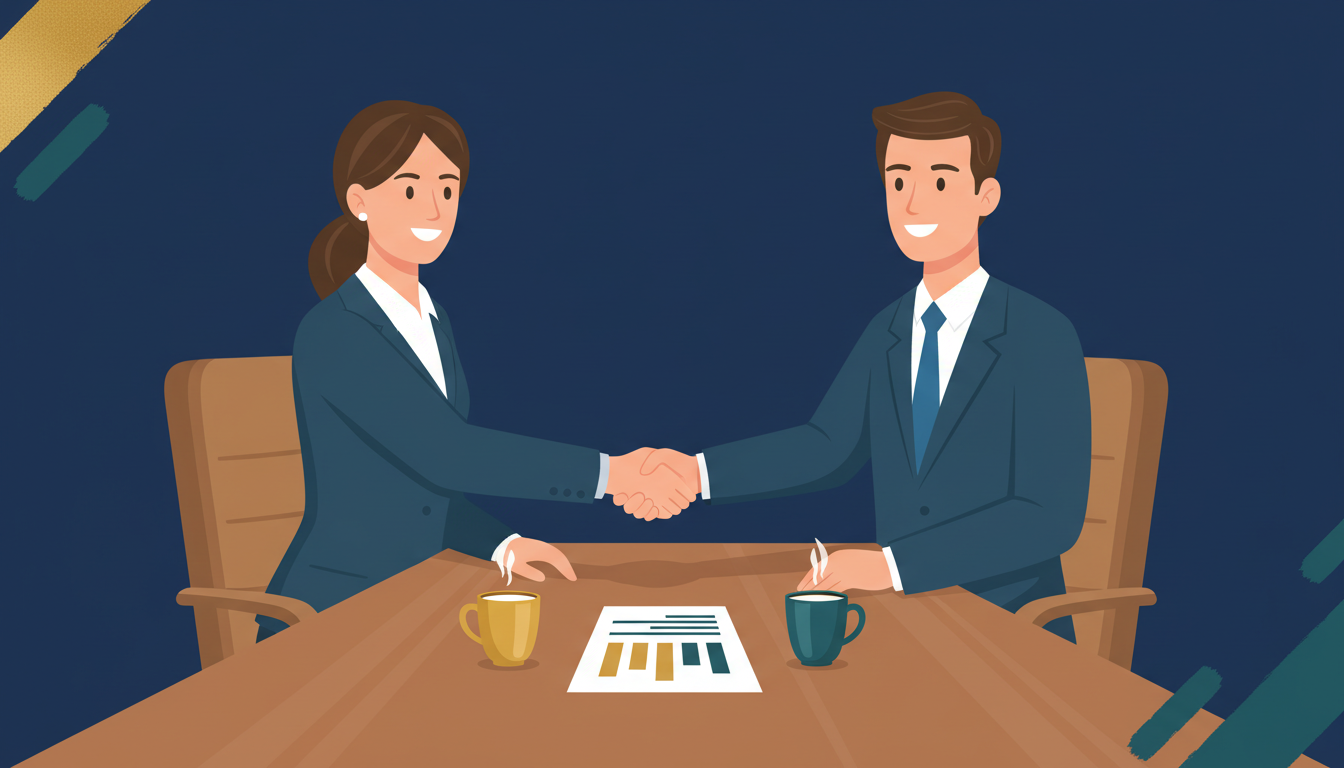 Two people shaking hands over an easy-to-read report at a table with two coffee cups, representing an honest marketing partnership.