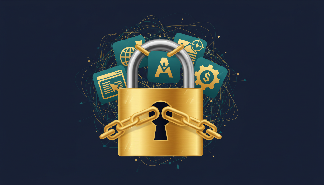 A gold padlock chaining website and ad account icons, symbolizing an agency holding a client's digital assets hostage.