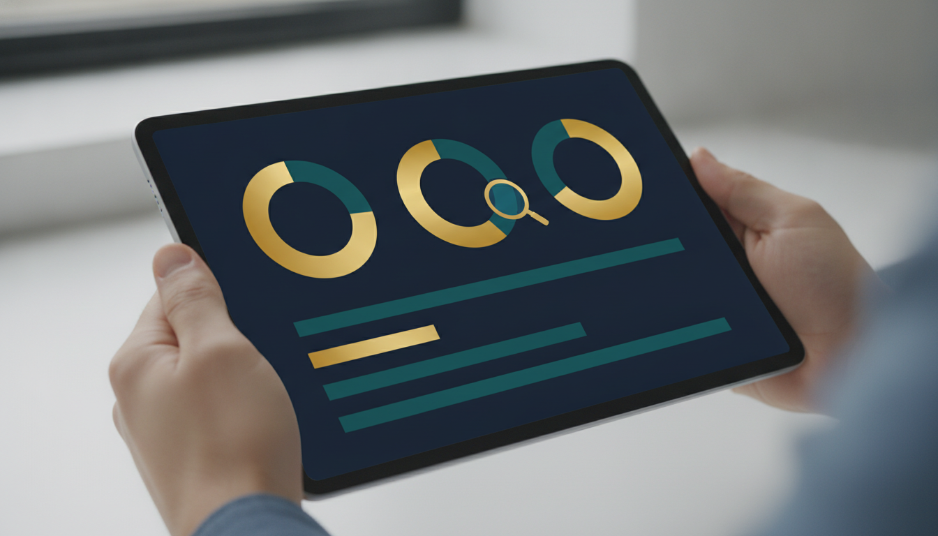 A tablet showing a dashboard of vanity metrics like impressions with a magnifying glass, representing reports that show activity but not revenue.