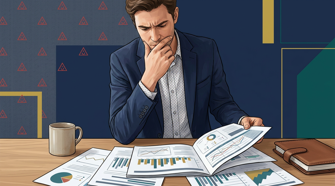 A concerned small business owner reviewing a confusing marketing report at a desk, subtle warning-flag motif, in navy, teal, and gold.