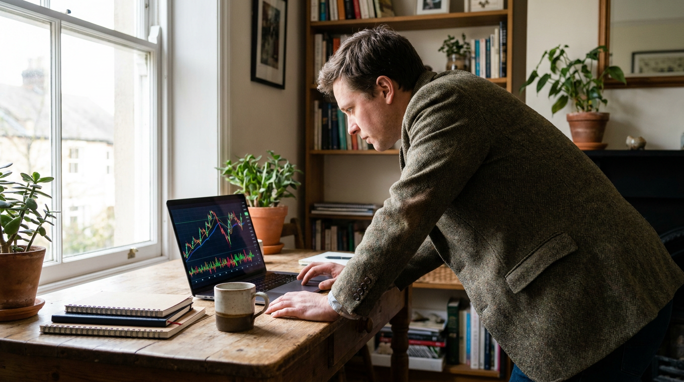 A small business owner studying a laptop screen showing colorful signal graphs on a wooden desk beside a coffee mug