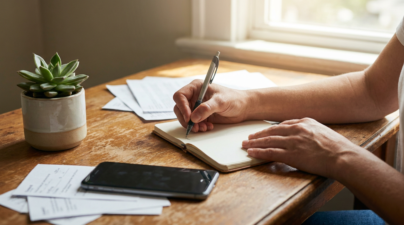 A small business owner writing a personalized note at a desk with a plant and a phone beside them