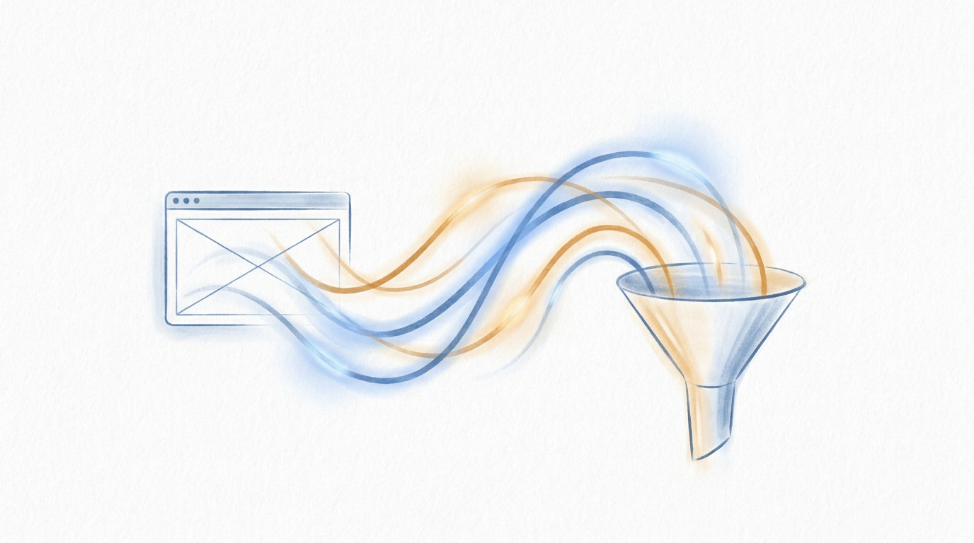 Illustrated diagram of digital signals flowing from a browser into a funnel on a clean white background