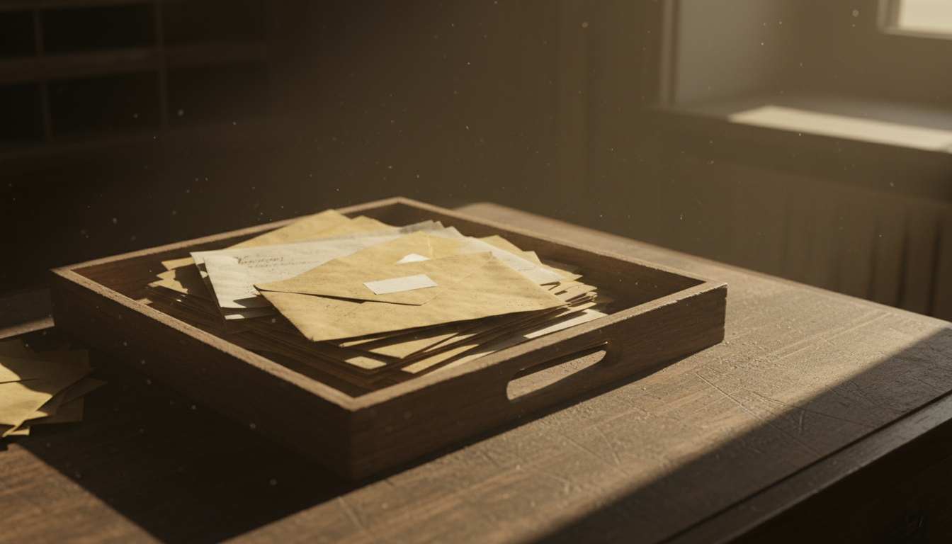 A dusty physical inbox tray on a desk with old papers stacked up, symbolizing neglect
