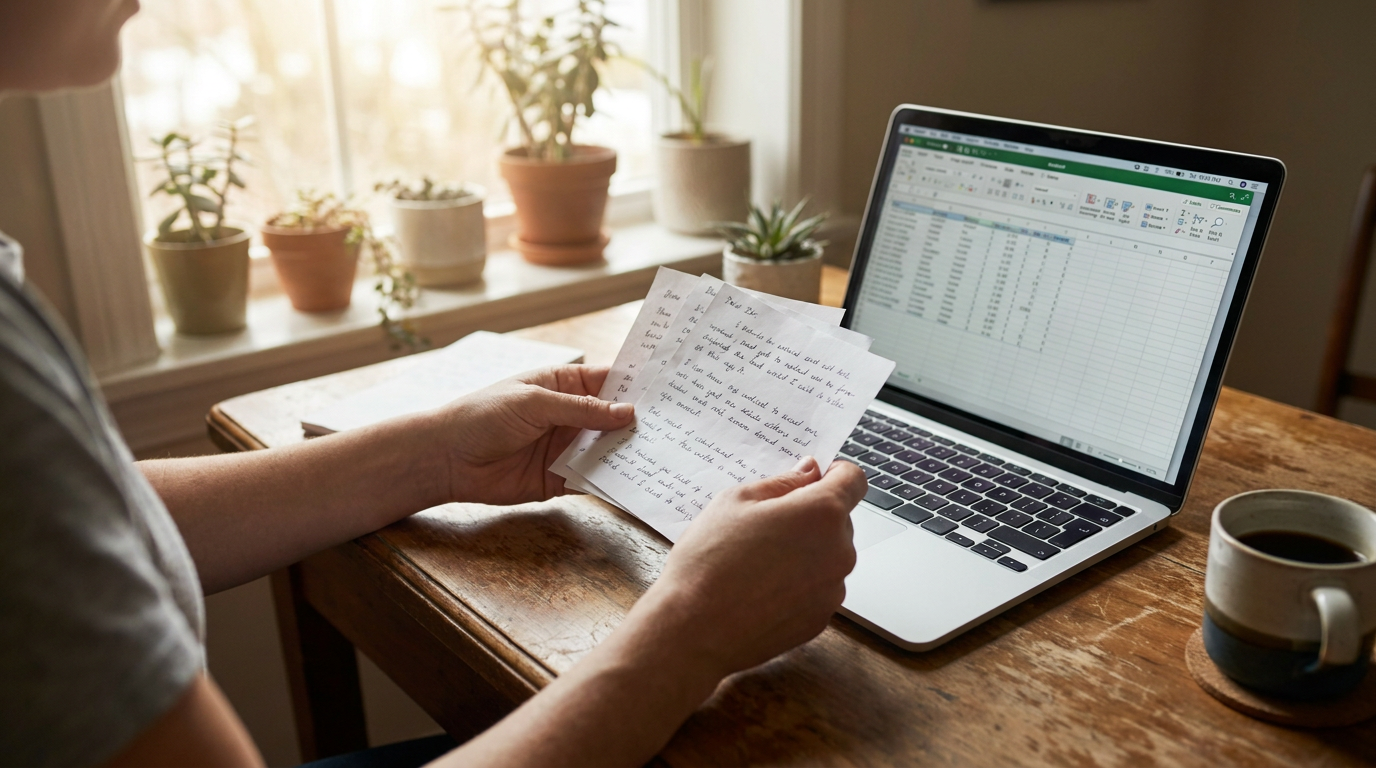 A small business owner at a wooden desk reviewing printed customer notes next to an open laptop, warm natural light through a window