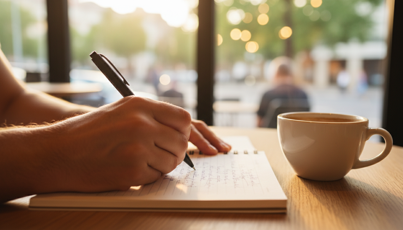 A small business owner handwriting notes at a cafe table with a coffee cup nearby, sunlight coming through large windows