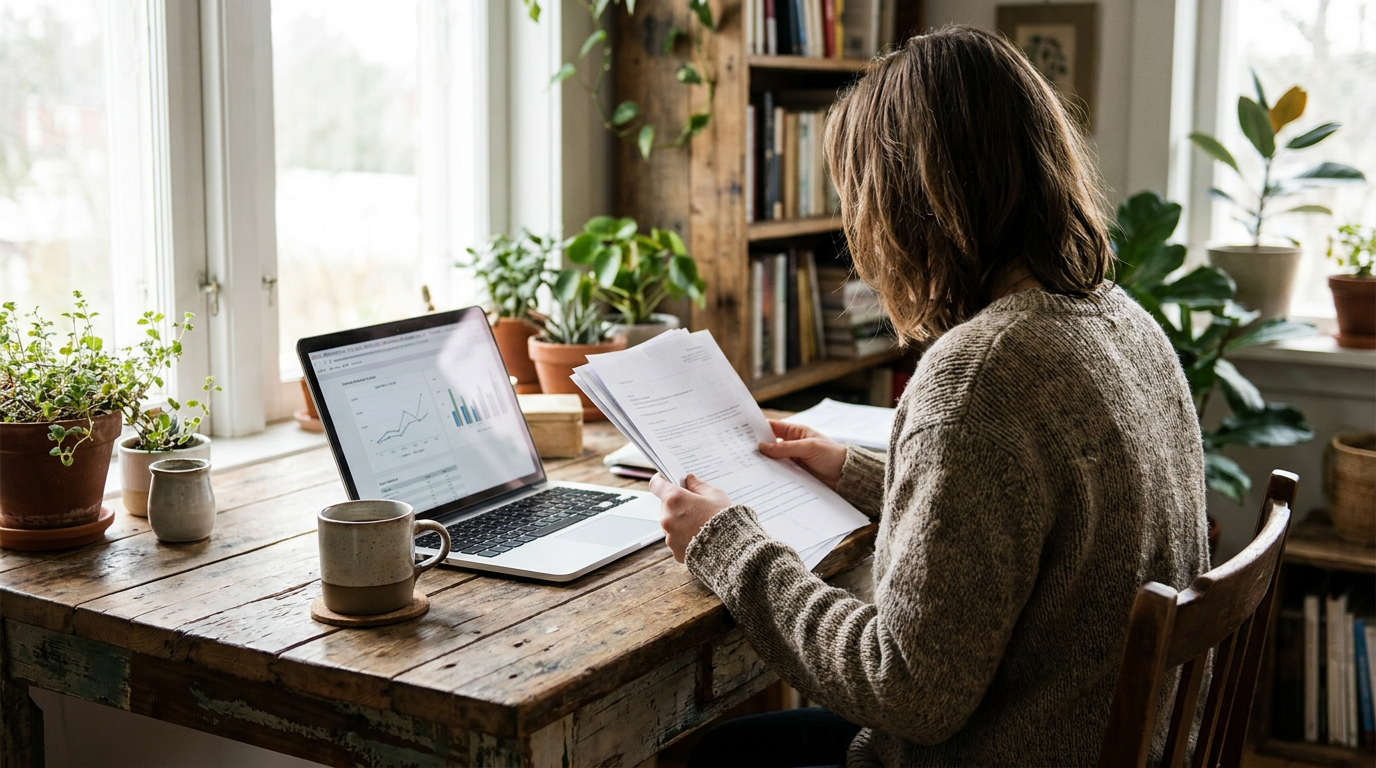 A small business owner sitting at a wooden desk reviewing printed documents beside a laptop, warm natural light from a window