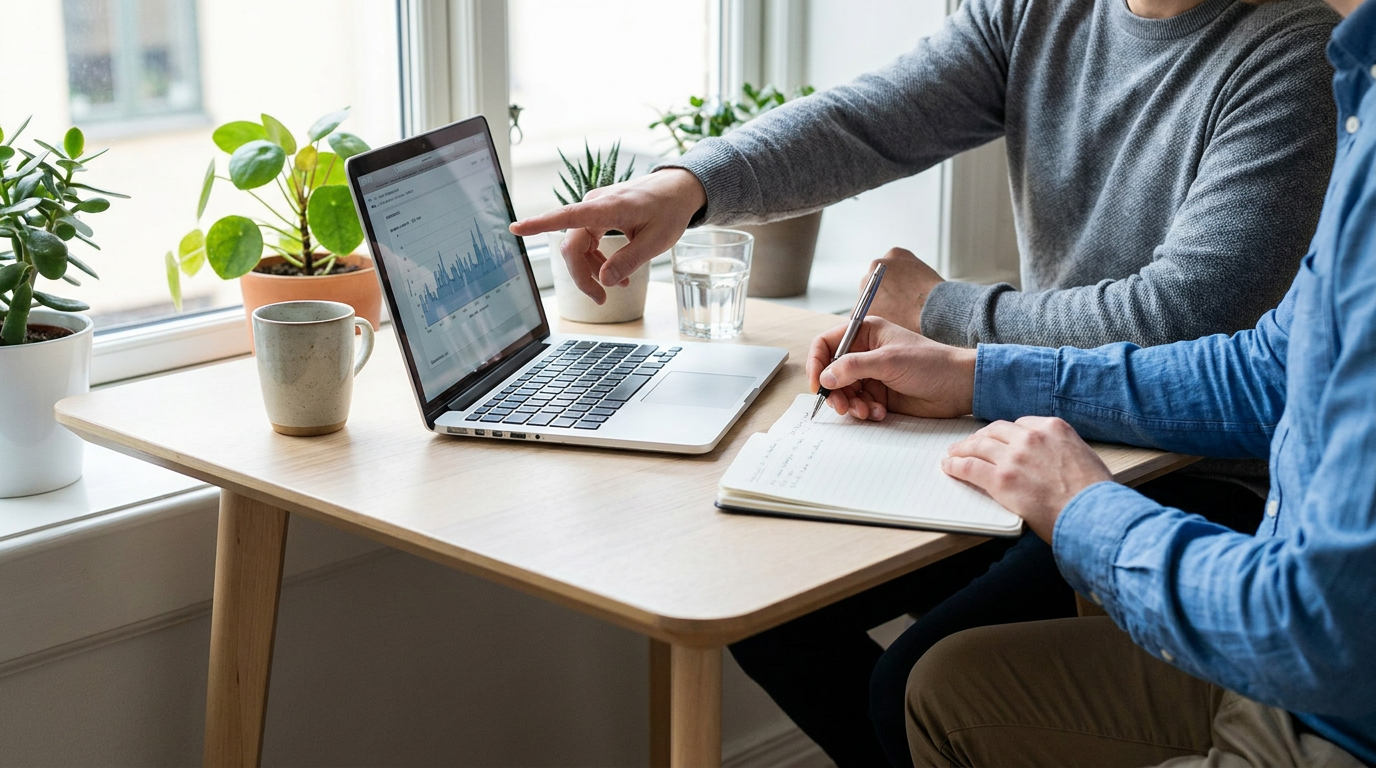 Two people seated across a small table in a bright office, one pointing to a laptop screen while the other takes notes