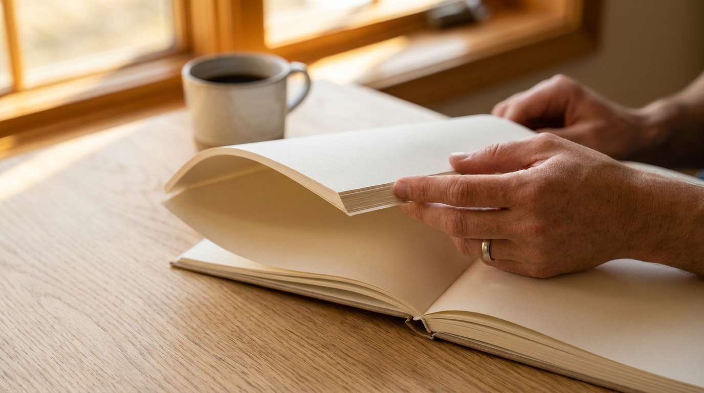 Close-up of a person's hands flipping through a printed portfolio on a light wood table with a coffee cup nearby