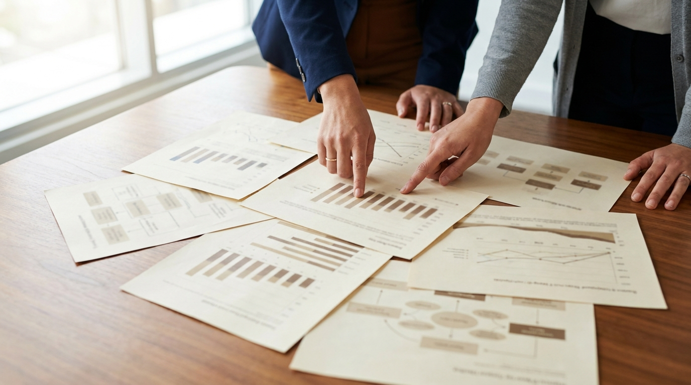 Two people at a table looking at printed case study pages spread out in front of them, overhead view, no faces