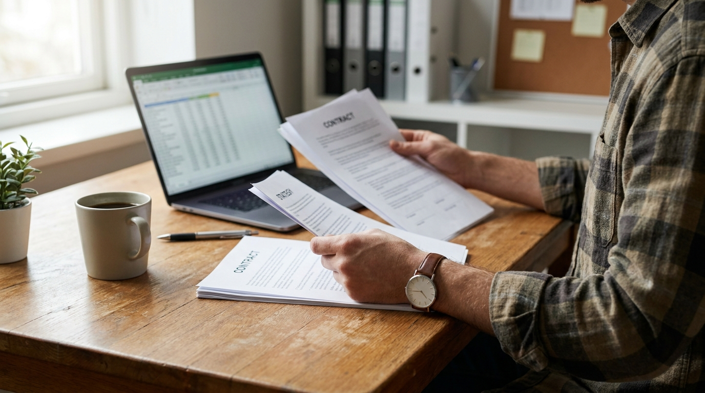 A small business owner at a wooden desk reviewing printed documents alongside a laptop, warm natural light, no faces visible