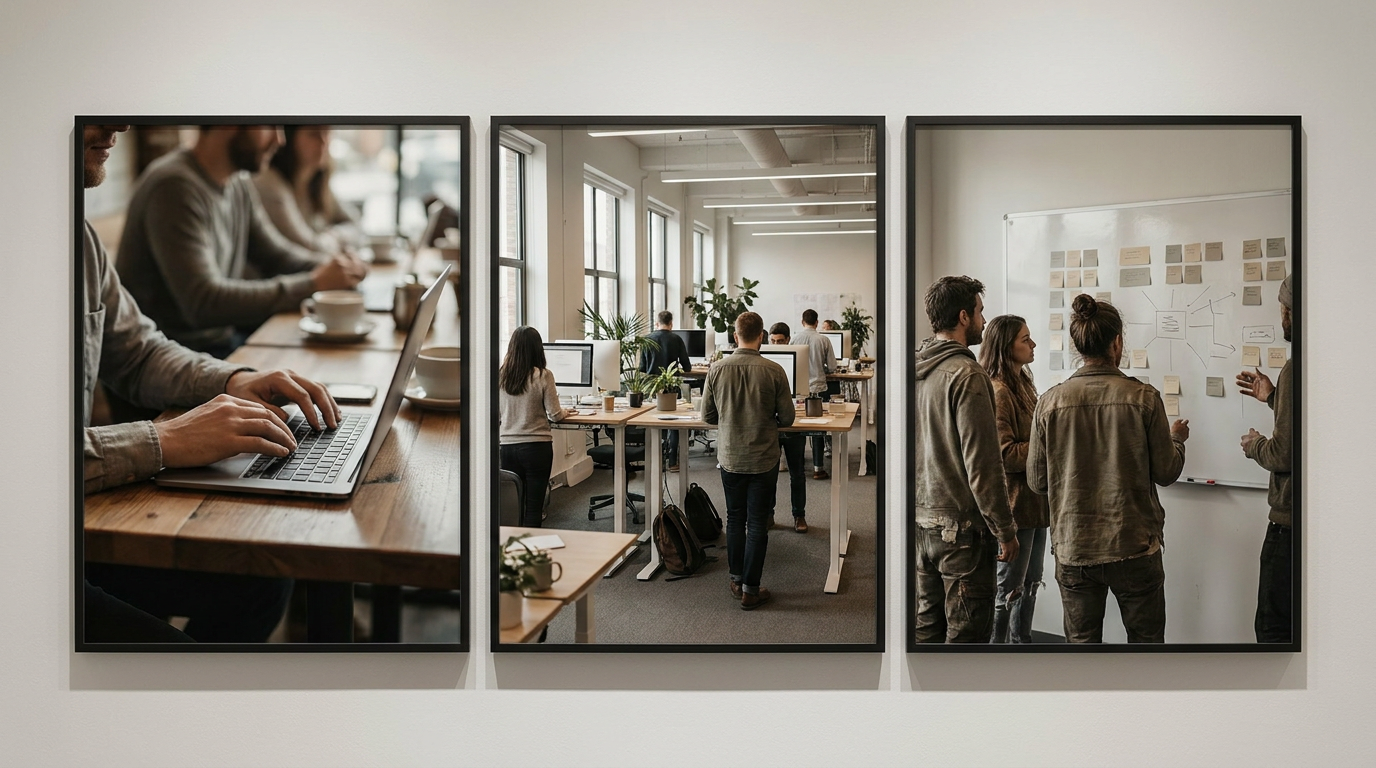 Three distinct workspaces shown side by side: a solo freelancer at a coffee shop laptop, a busy open-plan agency office with multiple desks, and a small focused team meeting around a whiteboard with sticky notes