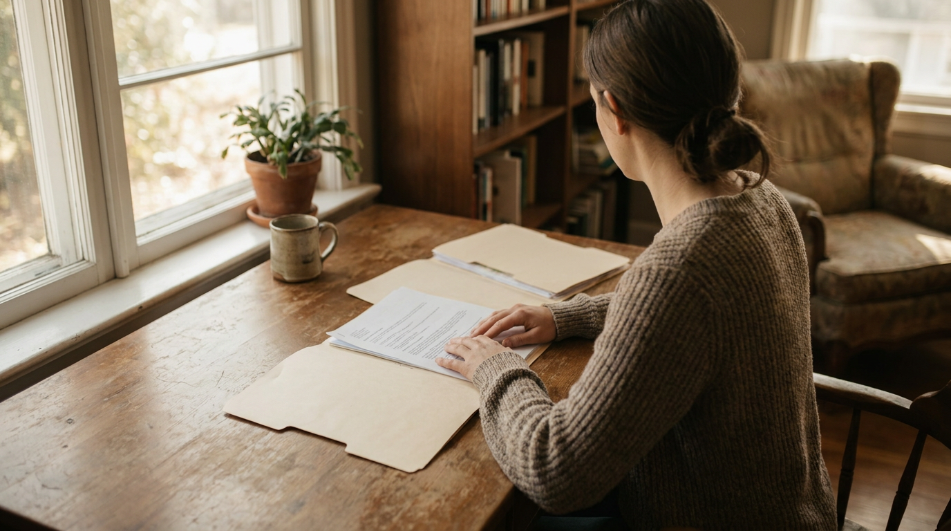 A small business owner sitting at a wooden desk reviewing three different proposal folders spread out in front of them, warm natural light from a nearby window