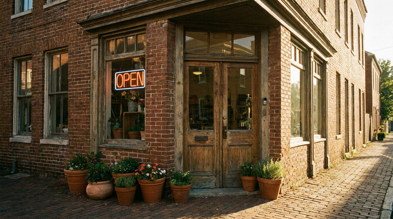 A small brick-and-mortar shop on a sunny street corner with a glowing open sign in the window