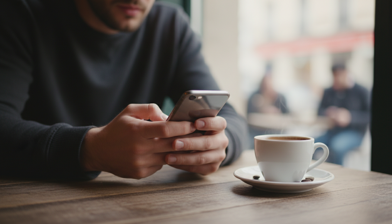A customer sitting at a cafe table writing a review on their phone next to a coffee cup