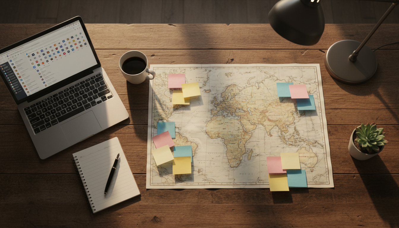 A desk with a map, sticky notes, and a laptop showing multiple business directory tabs open