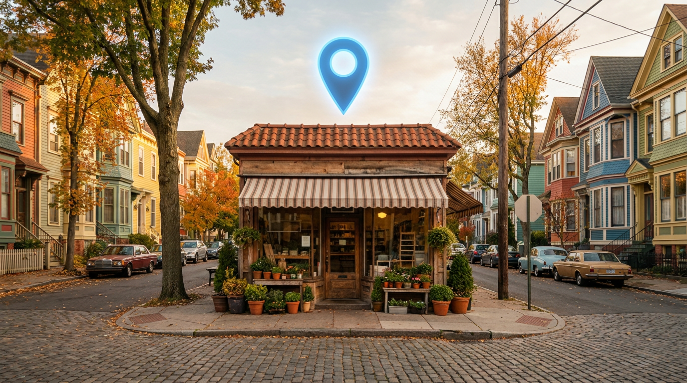 A small storefront on a sunny street with a glowing location pin floating above it, surrounded by a vibrant neighborhood