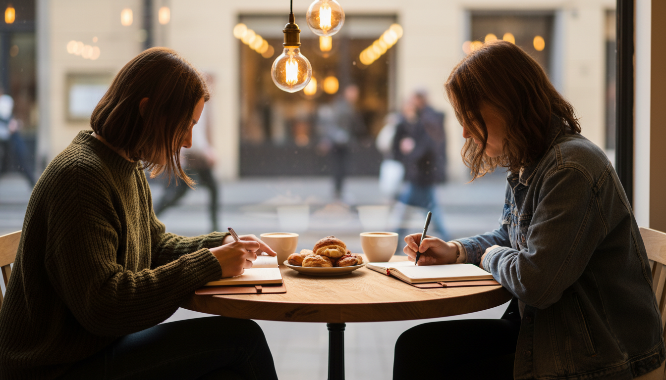 Two people sitting across from each other at a small cafe table in conversation, notebooks open, warm ambient lighting, no faces visible