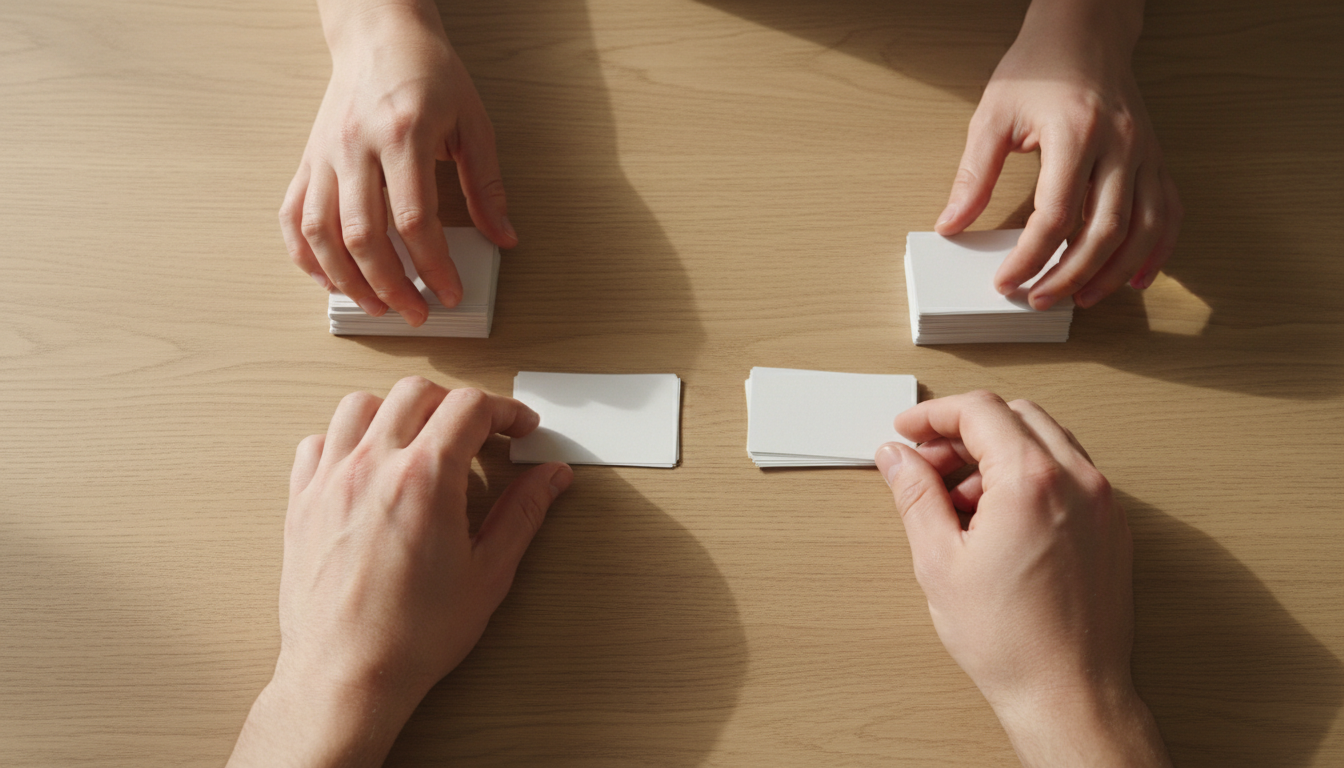 Close-up of a business owner's hands sorting printed contact cards on a desk, some moved to one side and others to another, natural daylight