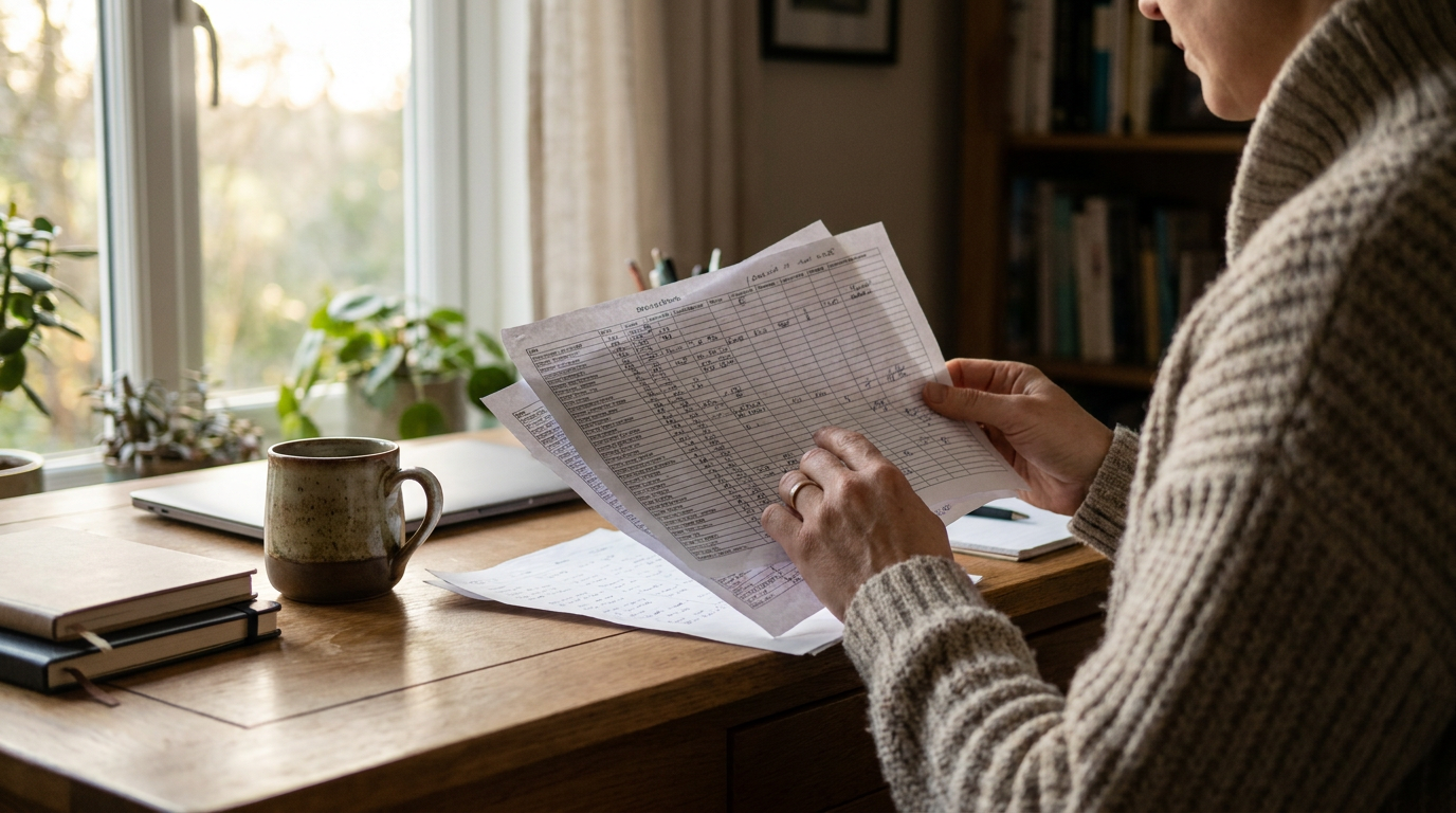 A small business owner at a wooden desk reviewing printed lead sheets with a cup of coffee nearby, warm morning light through a window