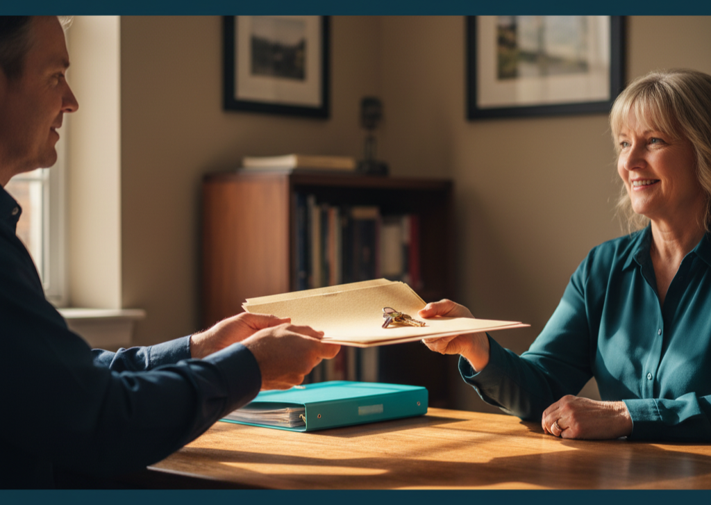 One person handing a folder and a set of keys across a desk to a small-business owner, a clean and friendly handoff, in warm light with navy and teal tones.