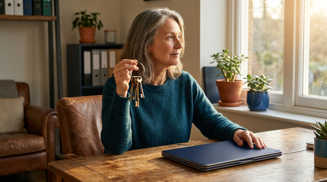 A small-business owner at her desk holding a ring of keys with a hand resting on her laptop, calm and in control of her own accounts, in warm light with navy, teal, and gold tones.
