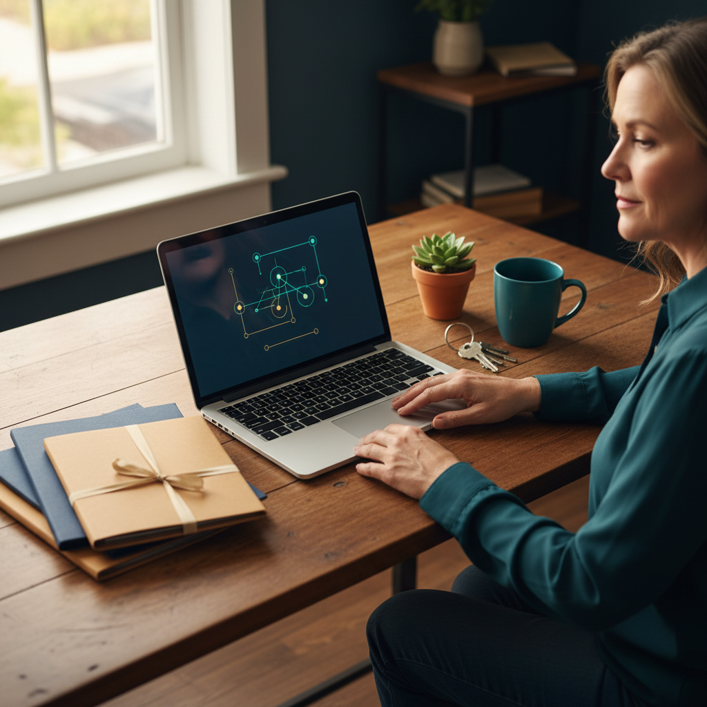 A small-business owner at a tidy desk with a laptop, keys, folders, and a coffee mug, keeping her own accounts in her own hands, in navy, teal, and gold.