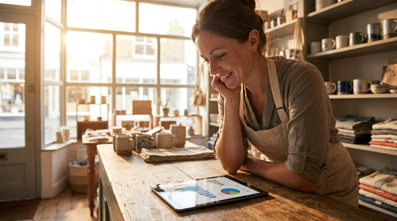 A small business owner standing at a shop counter reviewing a tablet showing search analytics, warm natural light, organized shelves in background