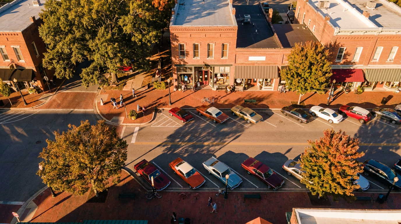 Overhead view of a small town main street with local shops, afternoon light casting long shadows across the sidewalk