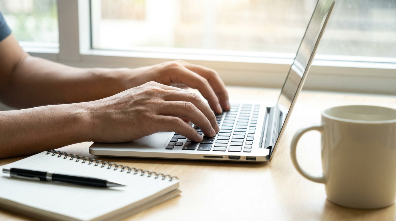Close-up of hands typing on a laptop keyboard near a sunny window, with a notebook and coffee cup on the desk