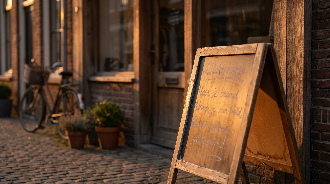A small neighborhood shop with a handwritten chalkboard sign outside, warm morning light, no people visible