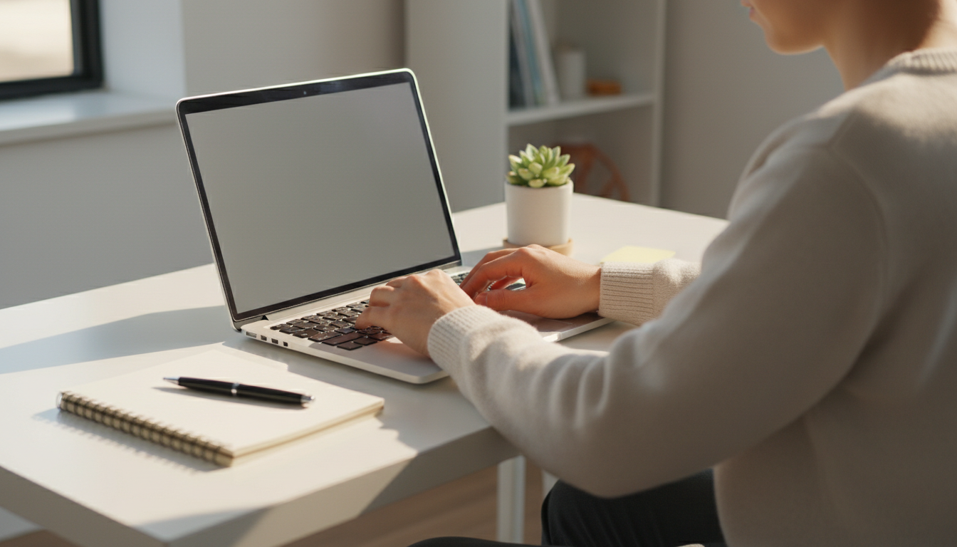 A small business owner typing an email newsletter on a laptop in a bright home office