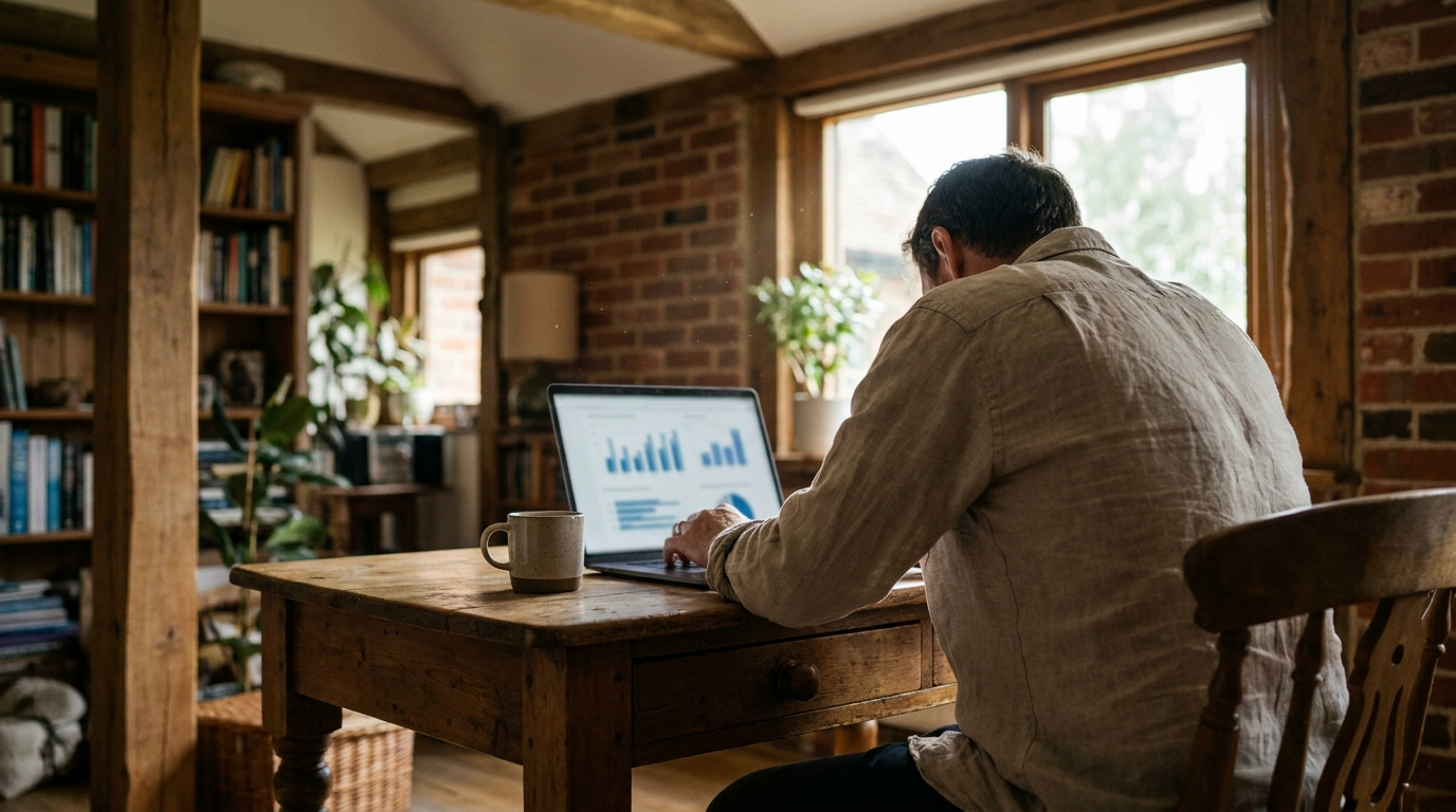 A small business owner reviewing website analytics on a laptop at a wooden desk with a coffee cup nearby