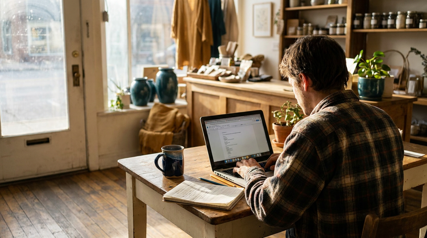 A small-business owner at a kitchen table beside a local shop, laptop open in warm morning light, in navy and gold tones.
