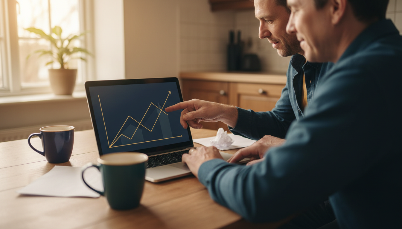 A small-business owner and an advisor at a kitchen table looking at a simple upward chart on a laptop together, in warm light with navy and gold tones.