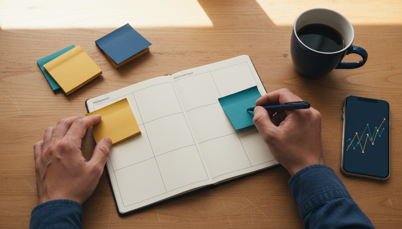 Hands arranging blank sticky notes on a blank weekly planner beside a coffee mug and a phone showing a simple line chart, in warm light with navy and gold tones.