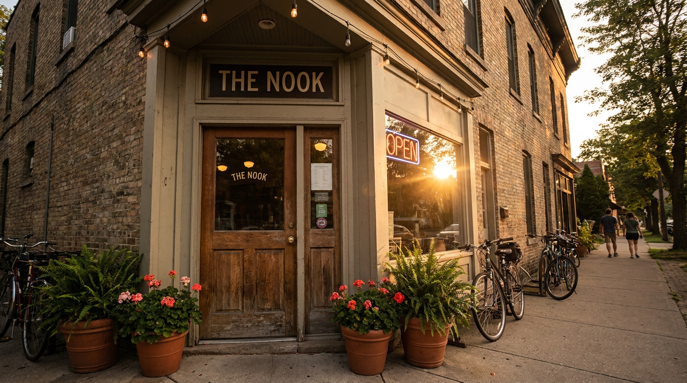 A small storefront on a sunny street with an open sign in the window, surrounded by a quiet neighborhood