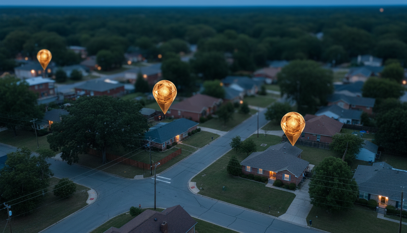 A map with three location pins clustered around a neighborhood, representing search results for a nearby service